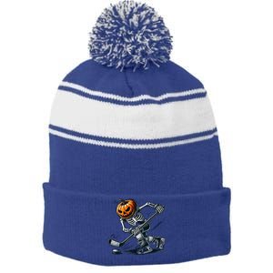 Funny Skeleton Ice Hockey Halloween Pumpkin Hockey Cute Gift Stripe Pom Pom Beanie