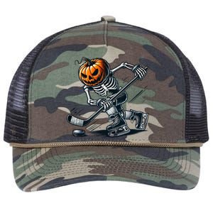 Funny Skeleton Ice Hockey Halloween Pumpkin Hockey Cute Gift Retro Rope Trucker Hat Cap