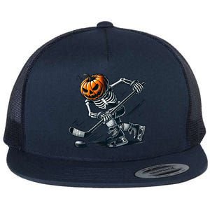 Funny Skeleton Ice Hockey Halloween Pumpkin Hockey Cute Gift Flat Bill Trucker Hat