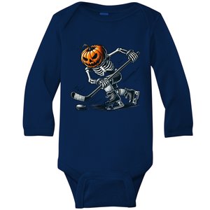 Funny Skeleton Ice Hockey Halloween Pumpkin Hockey Cute Gift Baby Long Sleeve Bodysuit