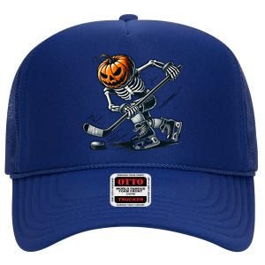 Funny Skeleton Ice Hockey Halloween Pumpkin Hockey Cute Gift High Crown Mesh Back Trucker Hat