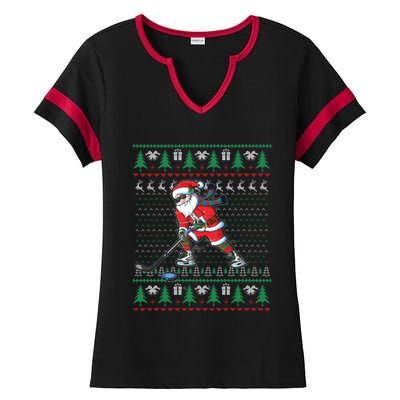 Funny Santa Ice Hockey Player Ugly Sweater Christmas Hockey Gift Ladies Halftime Notch Neck Tee