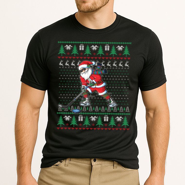 Funny Santa Ice Hockey Player Ugly Sweater Christmas Hockey Gift Performance Shirt