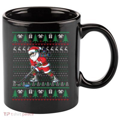 Funny Santa Ice Hockey Player Ugly Sweater Christmas Hockey Gift 11oz C Handle Ceramic Mug