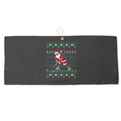 Funny Santa Ice Hockey Player Ugly Sweater Christmas Hockey Gift Large Microfiber Waffle Golf Towel