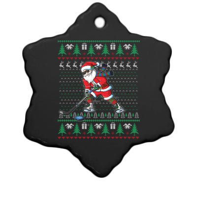 Funny Santa Ice Hockey Player Ugly Sweater Christmas Hockey Gift Ceramic Star Ornament