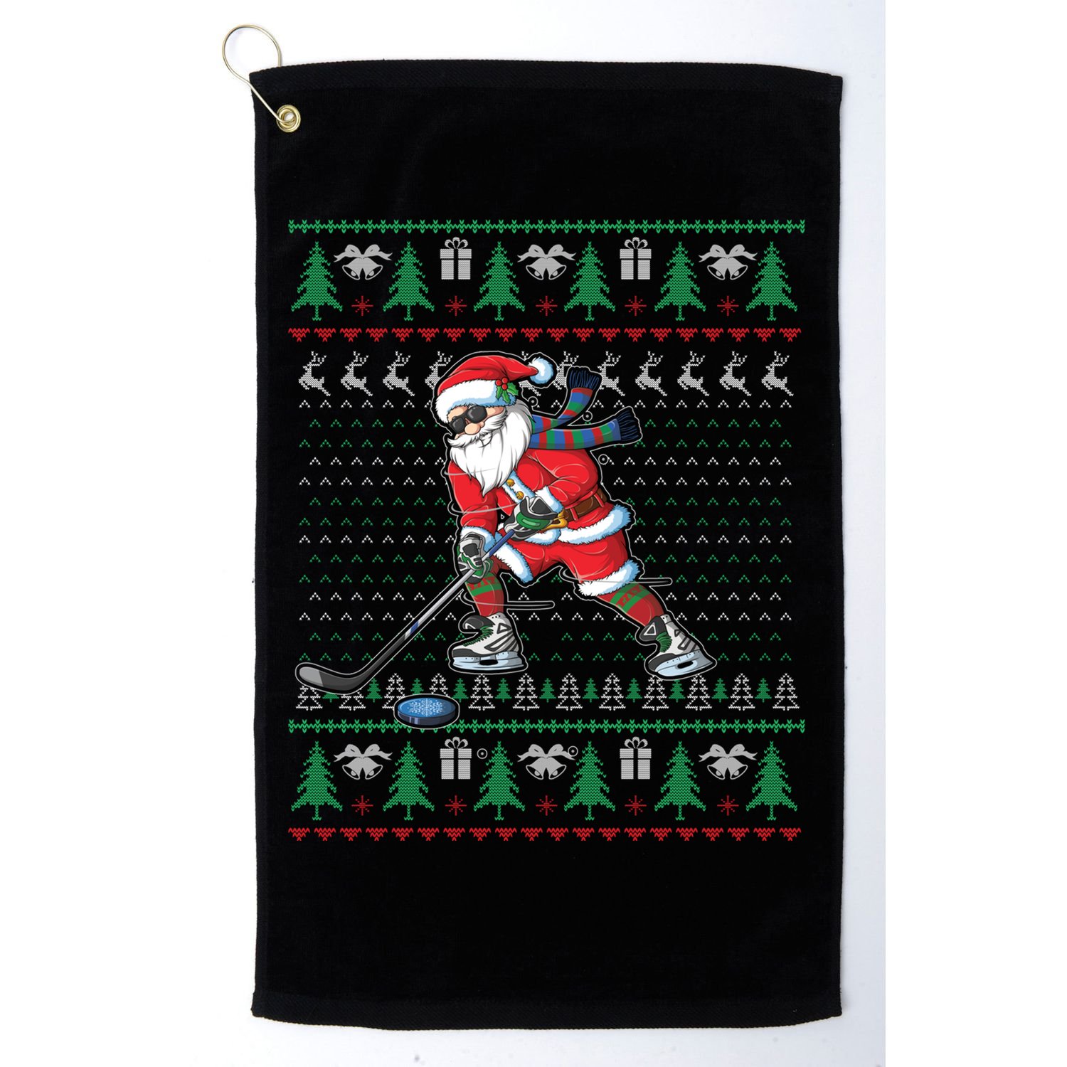 Funny Santa Ice Hockey Player Ugly Sweater Christmas Hockey Gift Golf Towel