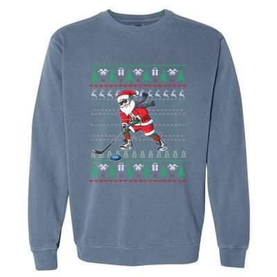 Funny Santa Ice Hockey Player Ugly Sweater Christmas Hockey Gift Garment-Dyed Sweatshirt