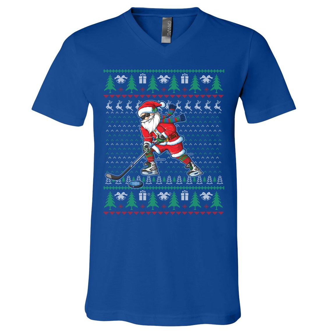 Funny Santa Ice Hockey Player Ugly Sweater Christmas Hockey Gift V-Neck T-Shirt