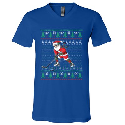 Funny Santa Ice Hockey Player Ugly Sweater Christmas Hockey Gift V-Neck T-Shirt