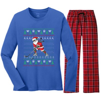 Funny Santa Ice Hockey Player Ugly Sweater Christmas Hockey Gift Women's Long Sleeve Flannel Pajama Set 