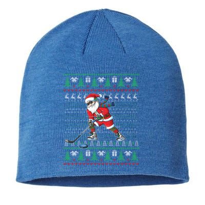 Funny Santa Ice Hockey Player Ugly Sweater Christmas Hockey Gift Sustainable Beanie