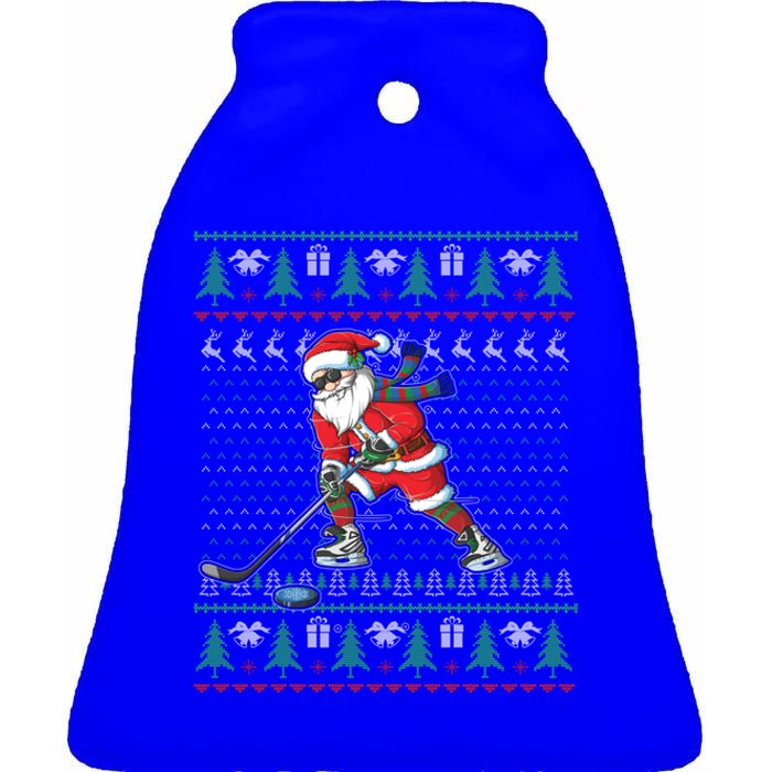 Funny Santa Ice Hockey Player Ugly Sweater Christmas Hockey Gift Ceramic Bell Ornament