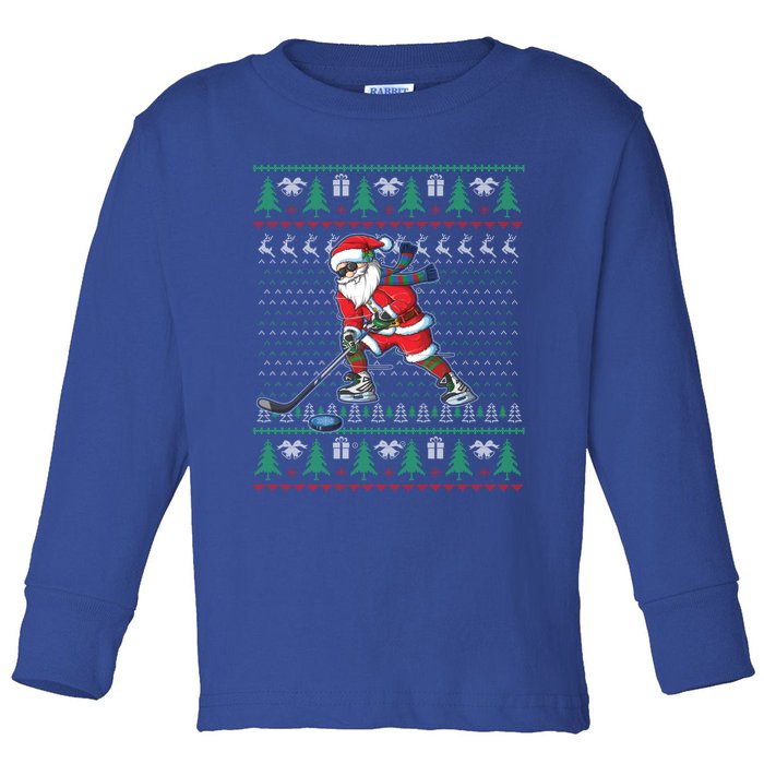 Funny Santa Ice Hockey Player Ugly Sweater Christmas Hockey Gift Toddler Long Sleeve Shirt