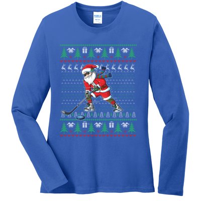 Funny Santa Ice Hockey Player Ugly Sweater Christmas Hockey Gift Ladies Long Sleeve Shirt