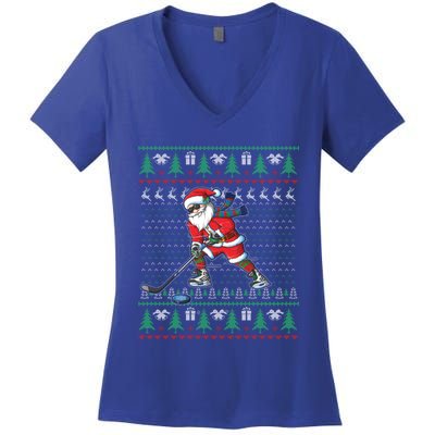 Funny Santa Ice Hockey Player Ugly Sweater Christmas Hockey Gift Women's V-Neck T-Shirt