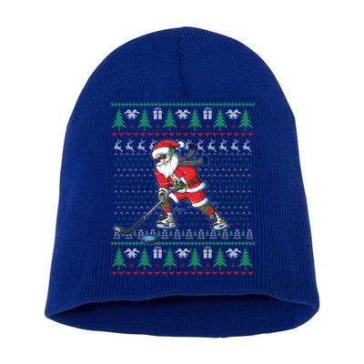 Funny Santa Ice Hockey Player Ugly Sweater Christmas Hockey Gift Short Acrylic Beanie