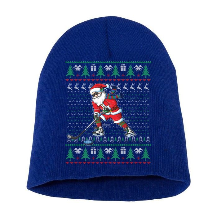 Funny Santa Ice Hockey Player Ugly Sweater Christmas Hockey Gift Short Acrylic Beanie