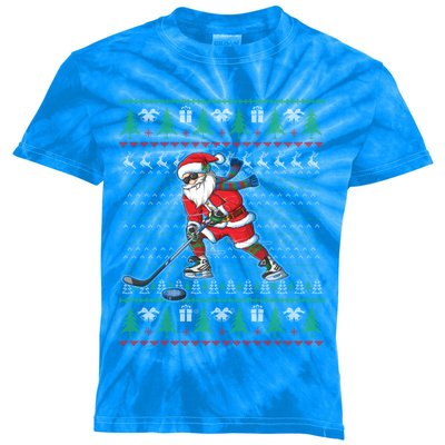 Funny Santa Ice Hockey Player Ugly Sweater Christmas Hockey Gift Kids Tie-Dye T-Shirt