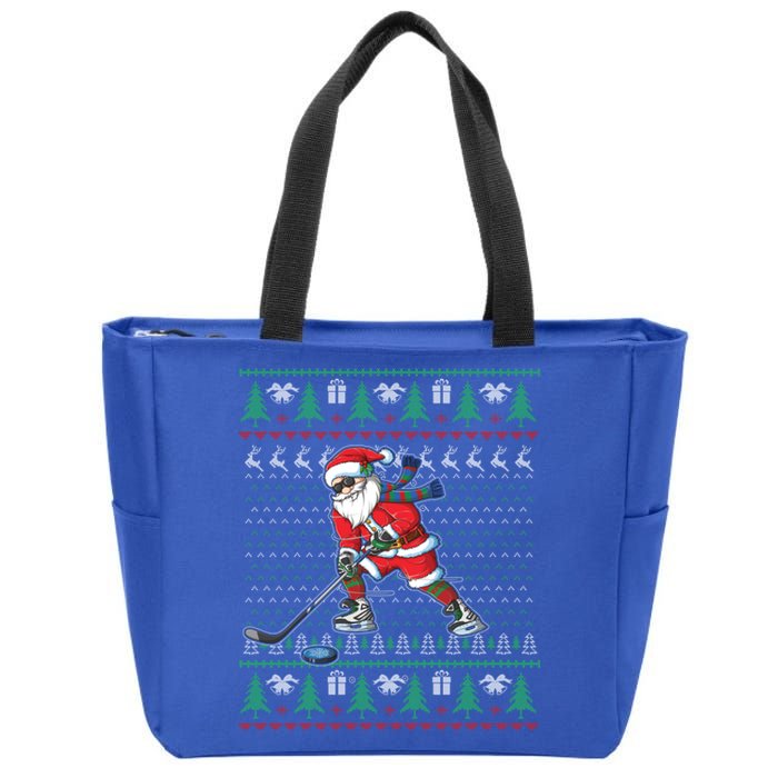 Funny Santa Ice Hockey Player Ugly Sweater Christmas Hockey Gift Zip Tote Bag