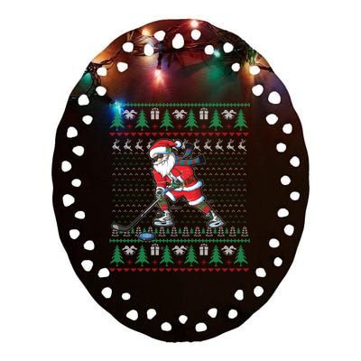 Funny Santa Ice Hockey Player Ugly Sweater Christmas Hockey Gift Ceramic Oval Ornament