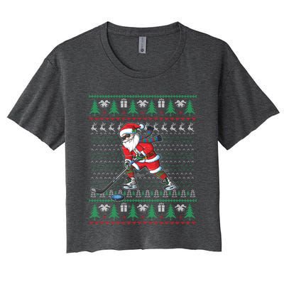 Funny Santa Ice Hockey Player Ugly Sweater Christmas Hockey Gift Women's Crop Top Tee