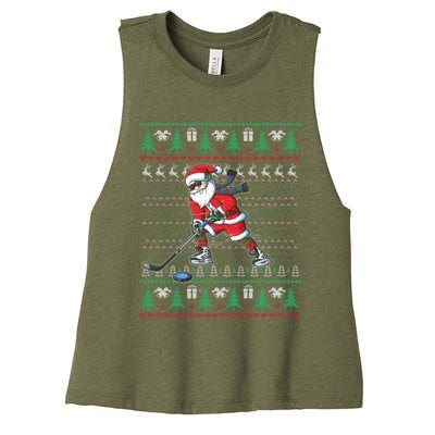 Funny Santa Ice Hockey Player Ugly Sweater Christmas Hockey Gift Women's Racerback Cropped Tank