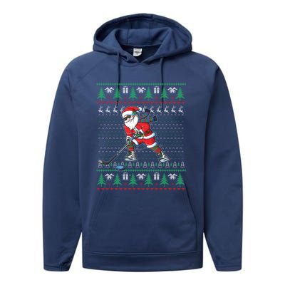 Funny Santa Ice Hockey Player Ugly Sweater Christmas Hockey Gift Performance Fleece Hoodie