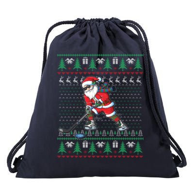 Funny Santa Ice Hockey Player Ugly Sweater Christmas Hockey Gift Drawstring Bag