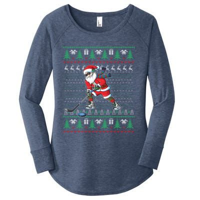 Funny Santa Ice Hockey Player Ugly Sweater Christmas Hockey Gift Women's Perfect Tri Tunic Long Sleeve Shirt