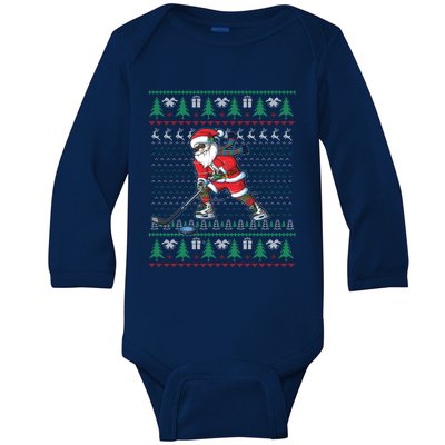 Funny Santa Ice Hockey Player Ugly Sweater Christmas Hockey Gift Baby Long Sleeve Bodysuit