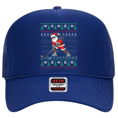 Funny Santa Ice Hockey Player Ugly Sweater Christmas Hockey Gift High Crown Mesh Back Trucker Hat