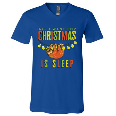 Funny Sloth In Pajamas All I Want For Christmas Is Sleep Cute Gift V-Neck T-Shirt