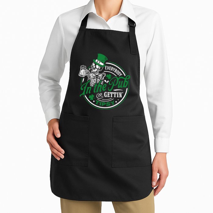 Funny Skeleton In The Pub Gettin Tipsy St. PatrickS Day Full-Length Apron With Pockets