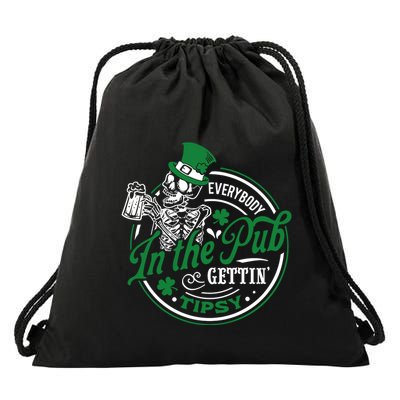 Funny Skeleton In The Pub Gettin Tipsy St. PatrickS Day Drawstring Bag