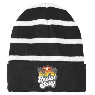 Feeling Salty Island Vacation Surfing Palm Striped Beanie with Solid Band