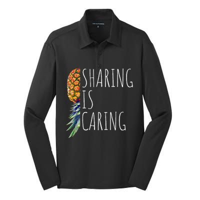 Funny Sharing is Caring Upside Down Pineapple Swinger Silk Touch Performance Long Sleeve Polo