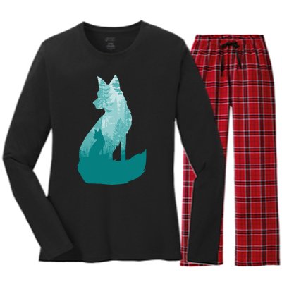 Fox Silhouette In The Forest Animal Hunter Hunting Women's Long Sleeve Flannel Pajama Set 