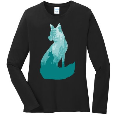 Fox Silhouette In The Forest Animal Hunter Hunting Ladies Long Sleeve Shirt