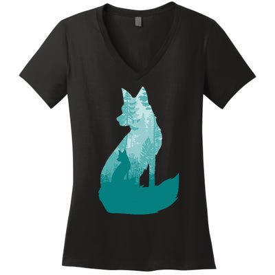 Fox Silhouette In The Forest Animal Hunter Hunting Women's V-Neck T-Shirt