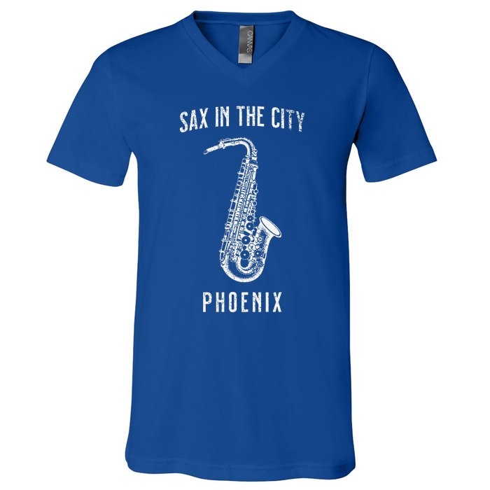 Funny Sax In The City Phoenix Jazz Music Sax Player Design V-Neck T-Shirt