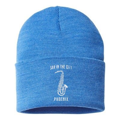 Funny Sax In The City Phoenix Jazz Music Sax Player Design Sustainable Knit Beanie