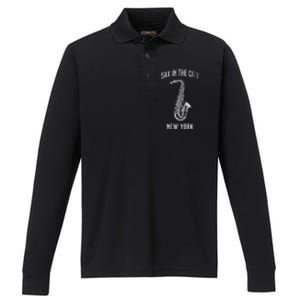 Funny Sax In The City New York Jazz Music Sax Player Design Performance Long Sleeve Polo