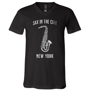 Funny Sax In The City New York Jazz Music Sax Player Design V-Neck T-Shirt