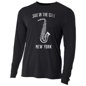 Funny Sax In The City New York Jazz Music Sax Player Design Cooling Performance Long Sleeve Crew