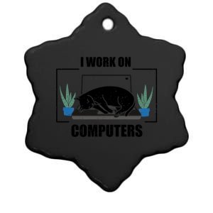 Funny Saying I Work On Computers Cat Joke It Gag Gift Ceramic Star Ornament