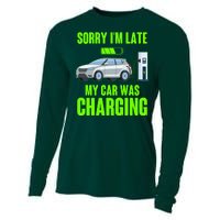 Funny Sorry Im Late My Car Was Charging Cooling Performance Long Sleeve Crew