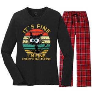 Funny Schwa I`ts Fine Im Fine Everything Is Fine Cat Women's Long Sleeve Flannel Pajama Set 