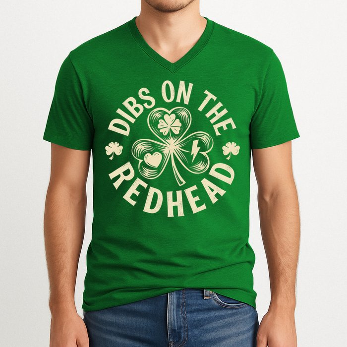 Funny Shamrock Irish St Patricks Day Dibs On The Redhead V-Neck T-Shirt