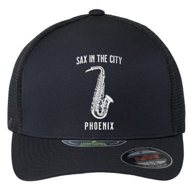 Funny Sax In The City Phoenix Jazz Music Sax Player Design Flexfit Unipanel Trucker Cap